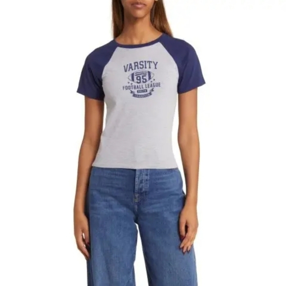 GOLDEN HOUR Varsity Colorblock Cotton Graphic Baby Tee Grey - Picture 3 of 7